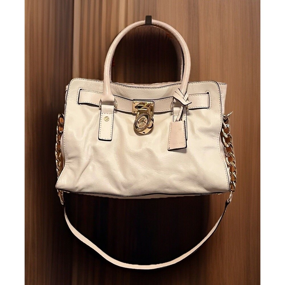 Michael Kors Hamilton East West Leather Satchel Leather Handbag Purse Ivory Ecru
